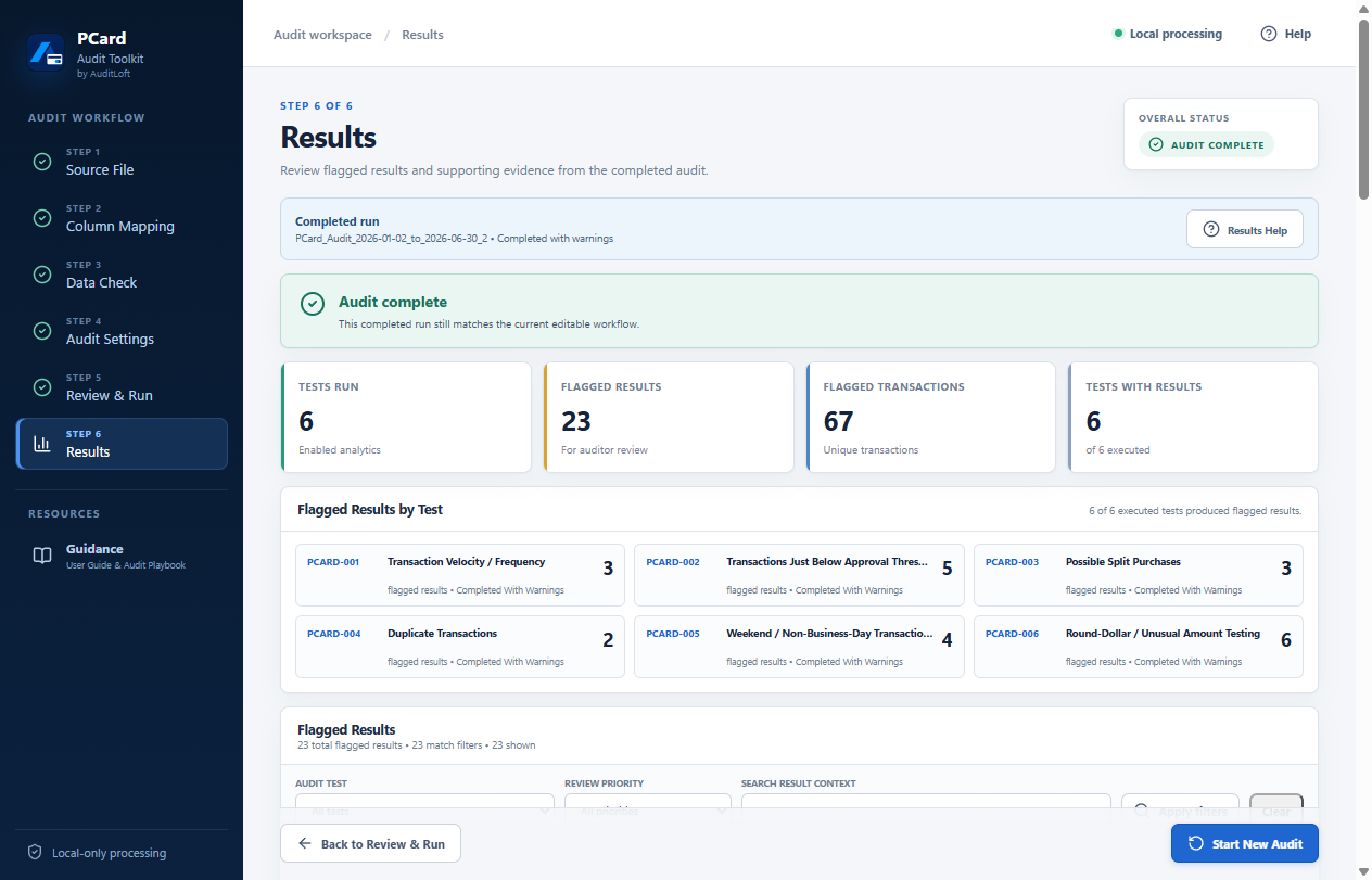 PCard Audit Toolkit Results Overview showing completed analytics, Flagged Results by test and review filters using synthetic sample data.